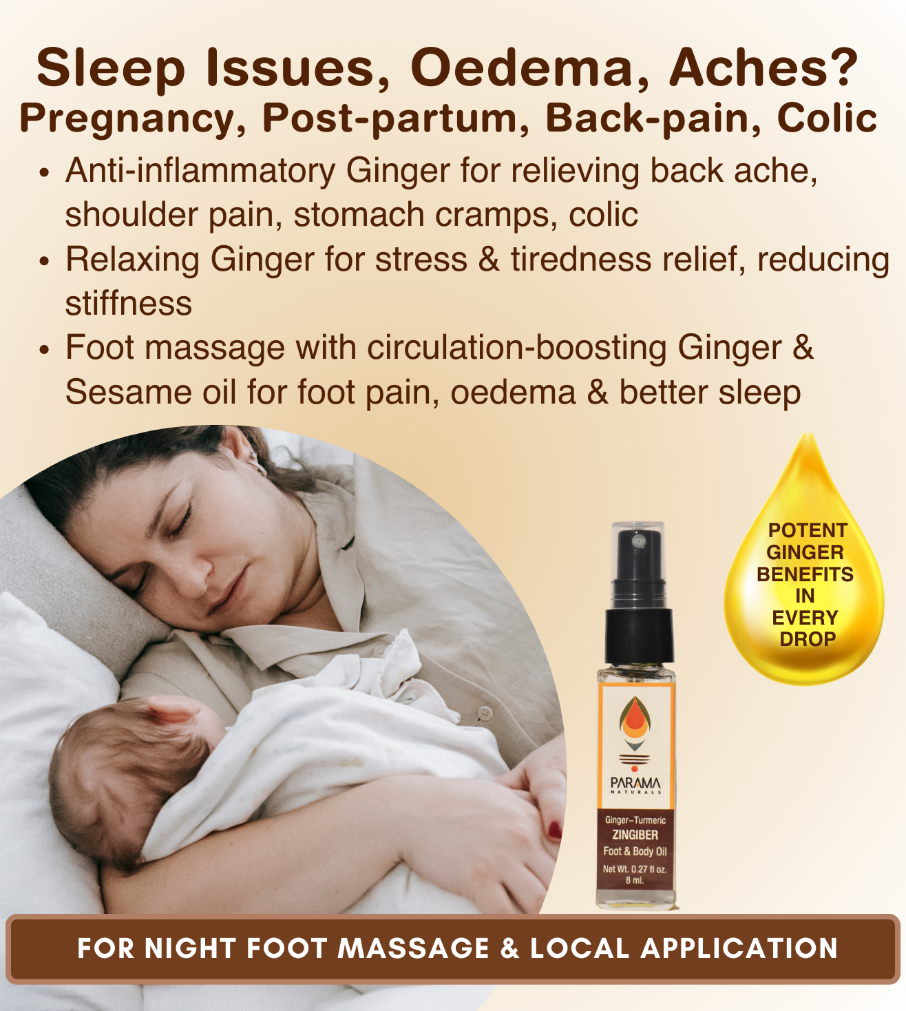 Sleep Issues, Oedema, Aches, Pregnancy, Post-partum, Back-pain, Colic, Anti-inflammatory ginger for relieving back ache, shoulder pain, stomach cramps, Relaxing Ginger for stress & tiredness relief, reducing stiffness